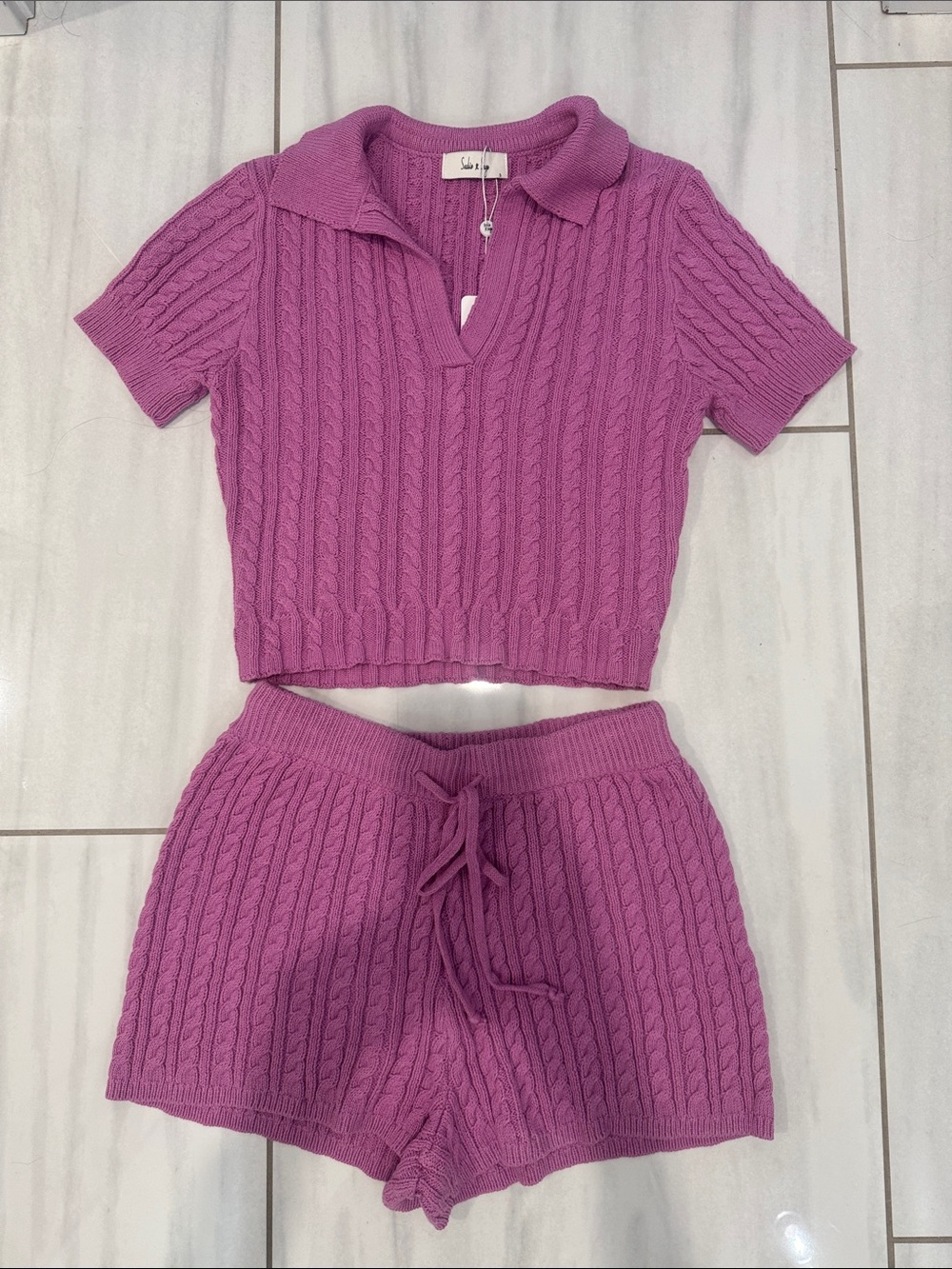 Sadie & Sage Lilac Cable Knit Polo Crop Top and Shorts Set